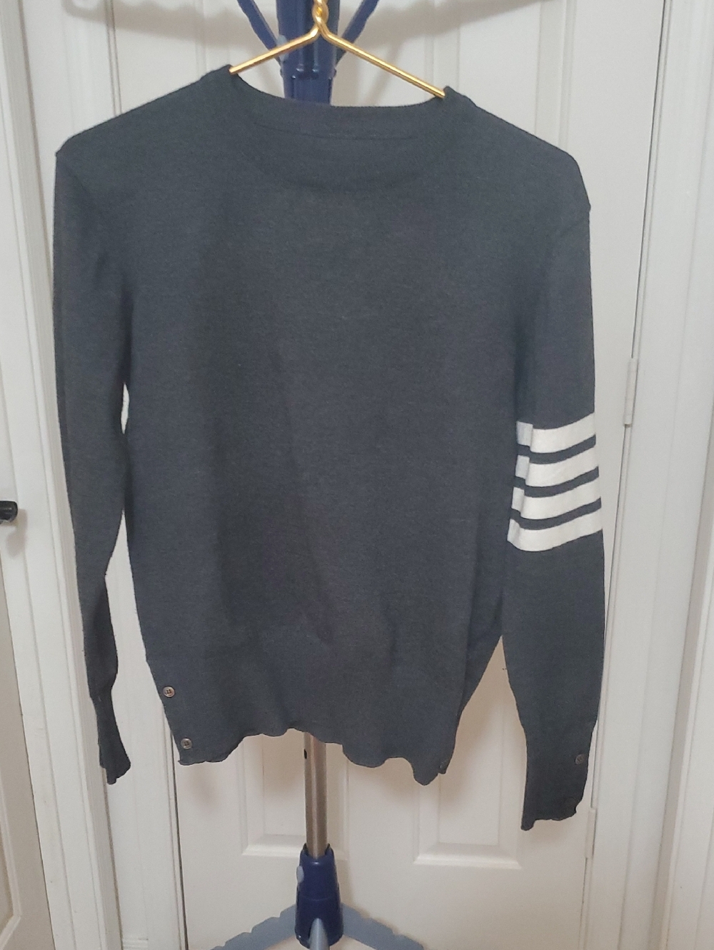 Men's Charcoal Crewneck Sweater with White Sleeve Stripes